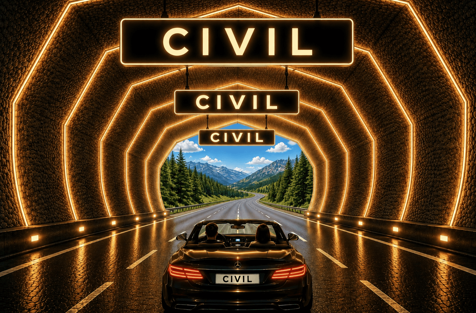 Illuminated CIVIL tunnel with three clear CIVIL signs and a CIVIL license plate